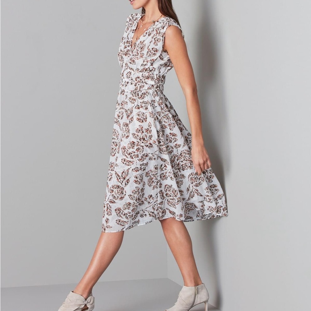 Sleeveless Floral Midi Dress in Cream and Brown